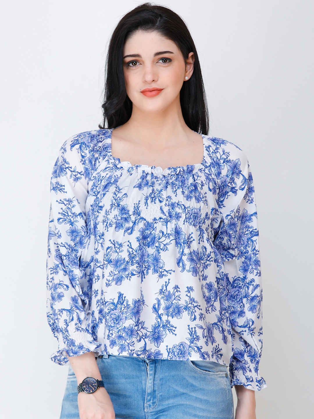 

Cation Women White & Blue Floral Printed A-Line Top