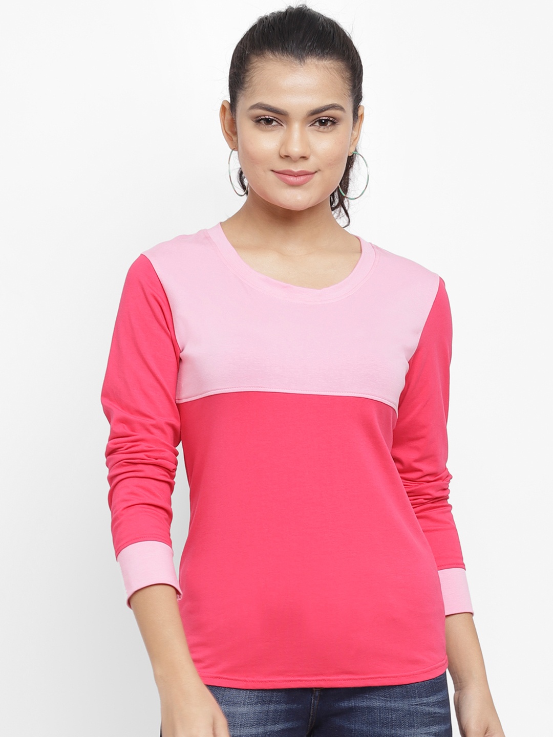 

N-Gal Women Pink Colourblocked Round Neck Pure Cotton T-shirt