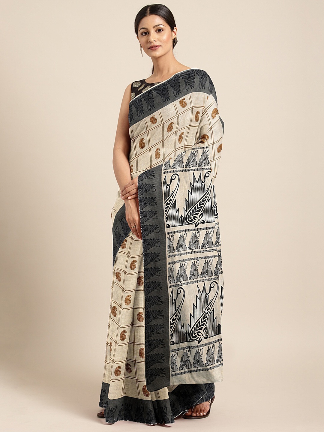 

aamna Beige & Camel Brown Pure Cotton Printed Handloom Gadwal Saree