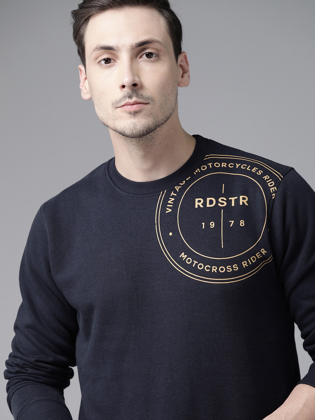 

Roadster Men Navy Blue & Beige Brand Logo Print Sweatshirt