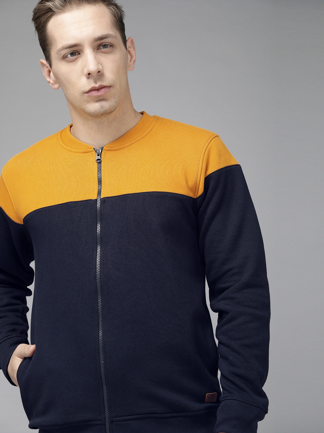 

Roadster Men Navy Blue & Yellow Colourblocked Sweatshirt