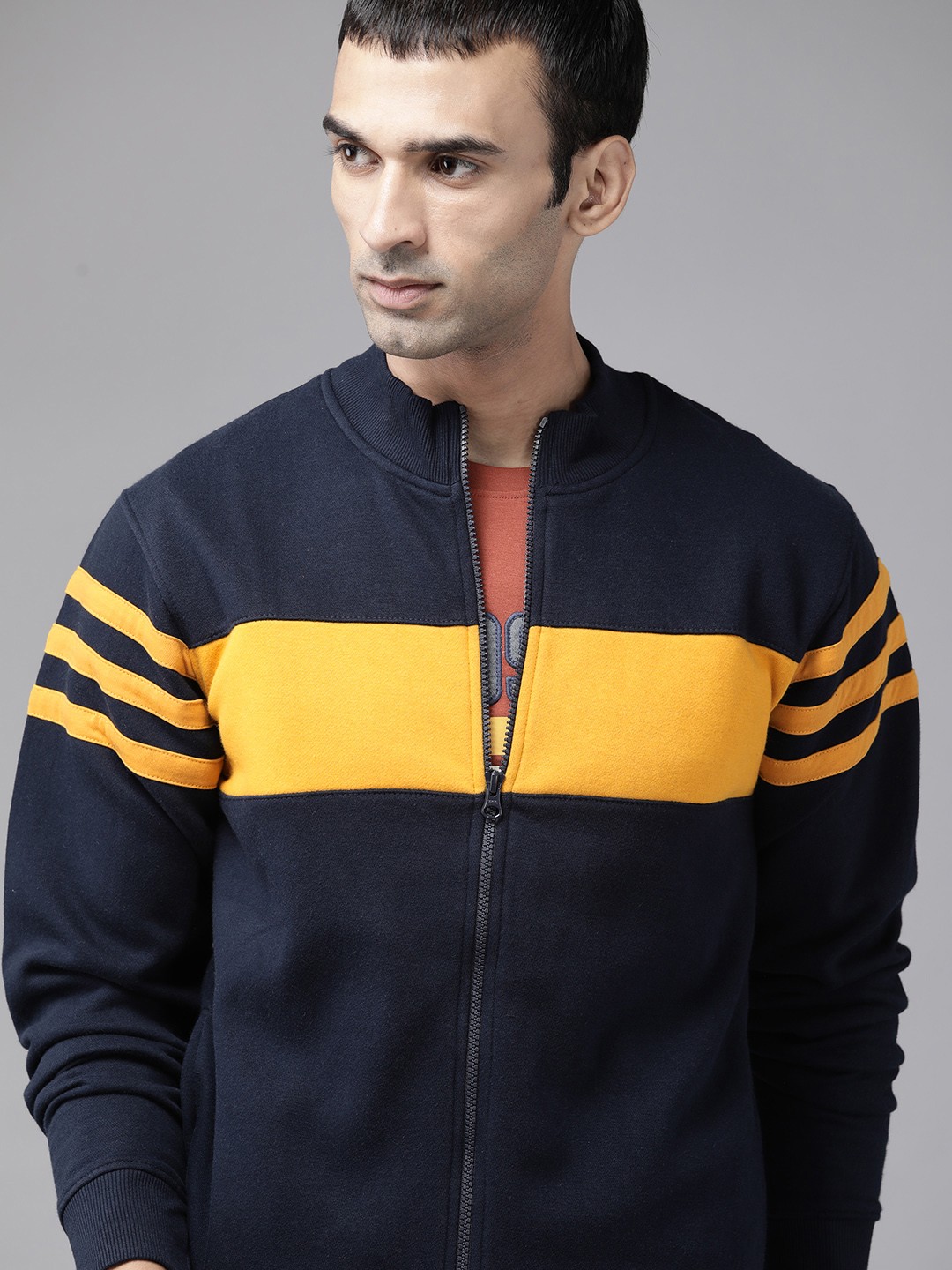 

Roadster Men Navy Blue & Mustard Yellow Striped Sweatshirt