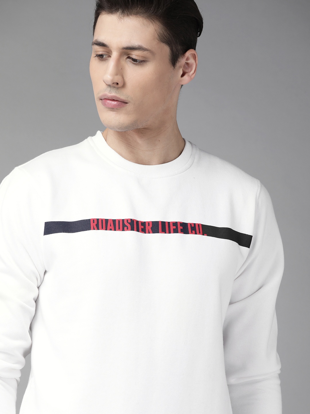 

Roadster Men White Solid Pure Cotton Sweatshirt with Brand Logo Print Detail