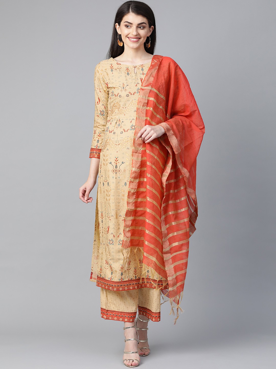 

Indo Era Women Beige & Golden Foil Printed Kurta with Palazzos & Dupatta