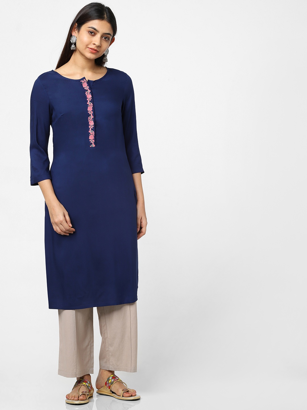 

Naari Women Navy Blue Embroidered Straight Kurta