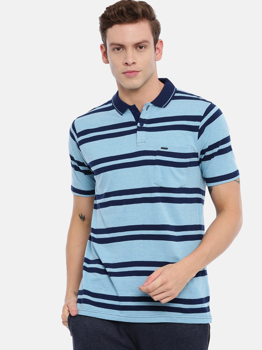 

Proline Men Blue Striped Everfresh Polo Collar T-shirt