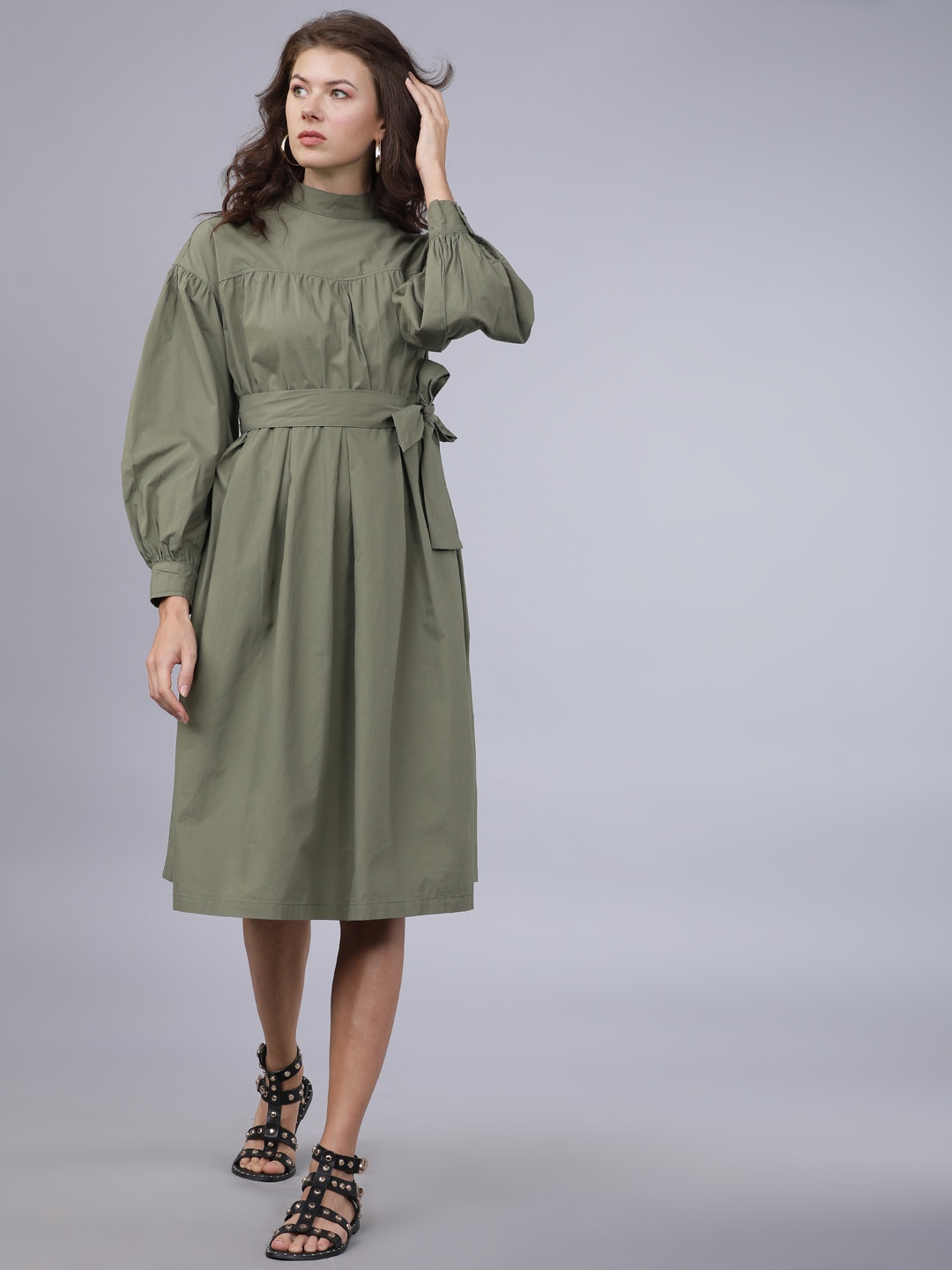 

Tokyo Talkies Women Olive Green Solid A-Line Dress