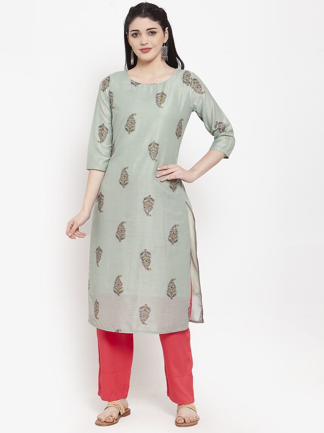 

ANAISA Women Green & Brown Printed Embellished Straight Kurta