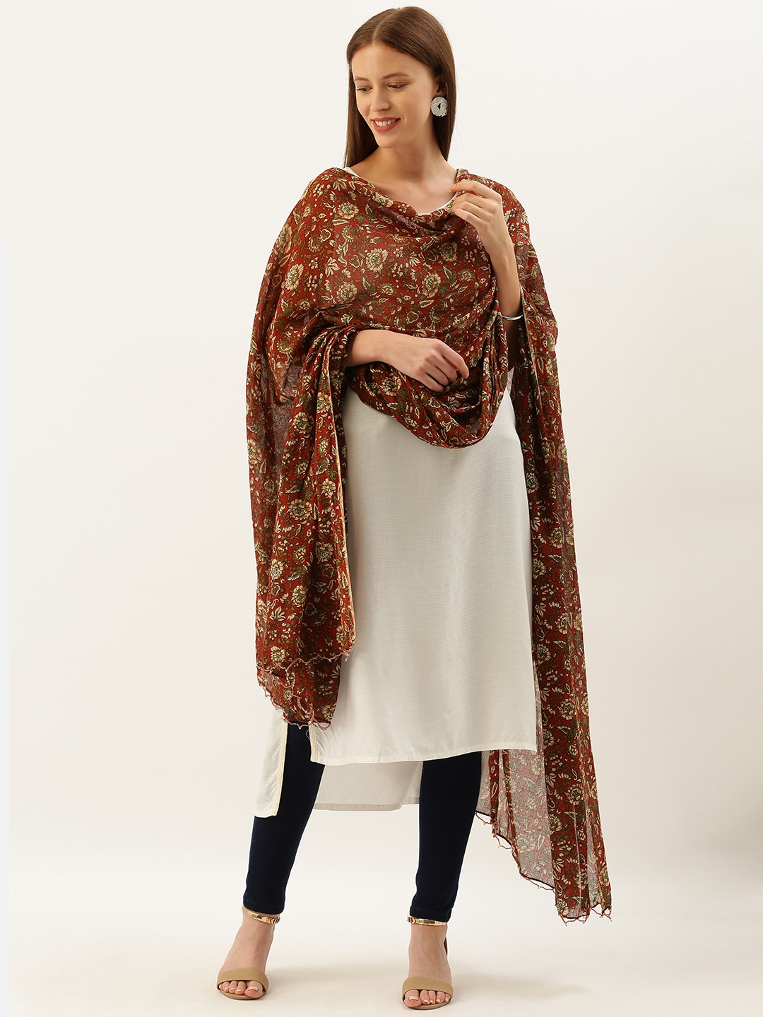 

Shaily Rust Brown & Beige Floral Printed Dupatta