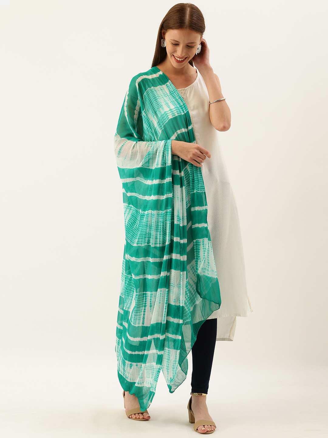 

Shaily Green & White Leheriya Printed Shibori Dupatta