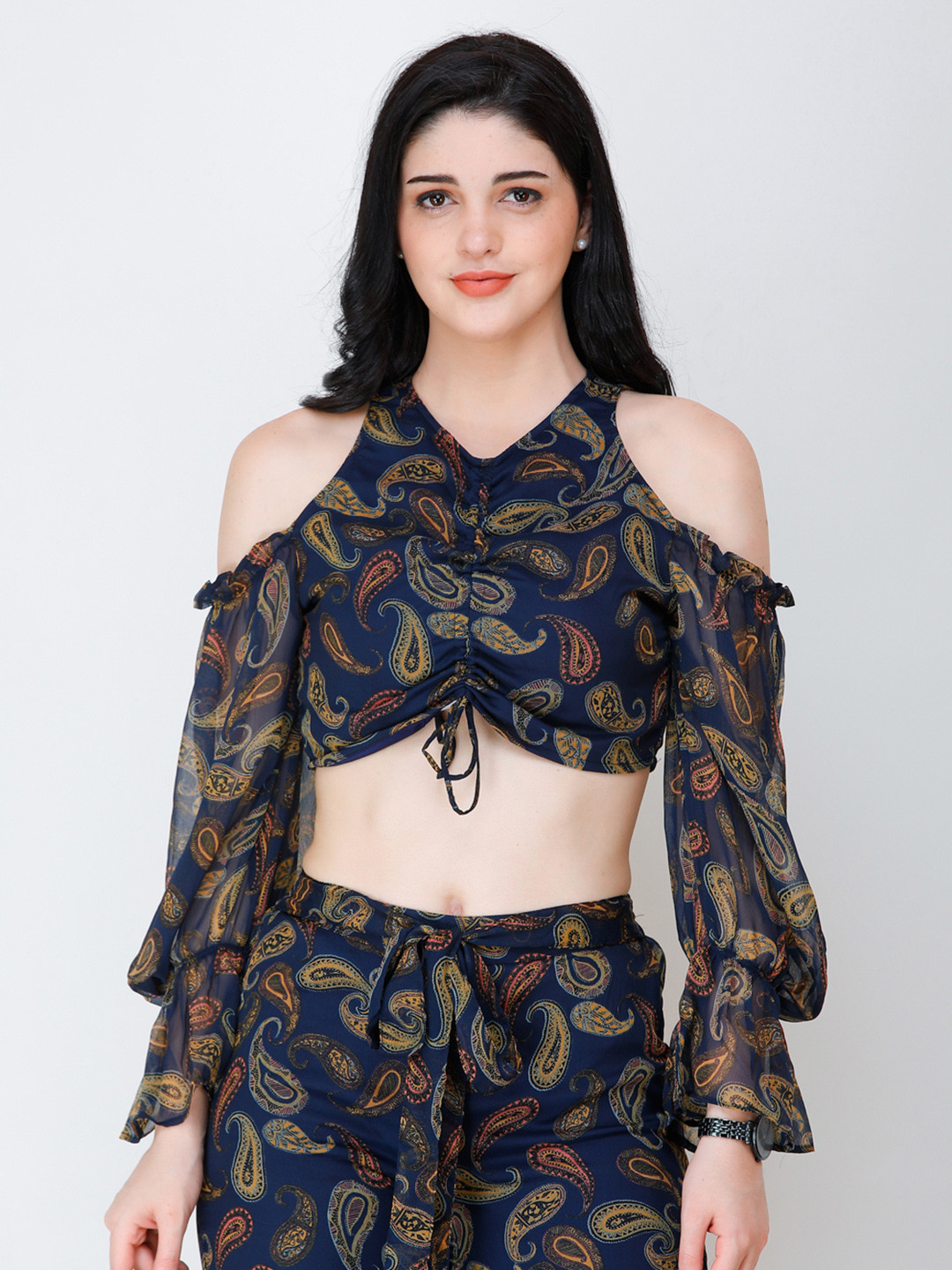 

SCORPIUS Women Navy Blue & Beige Printed Crop Top