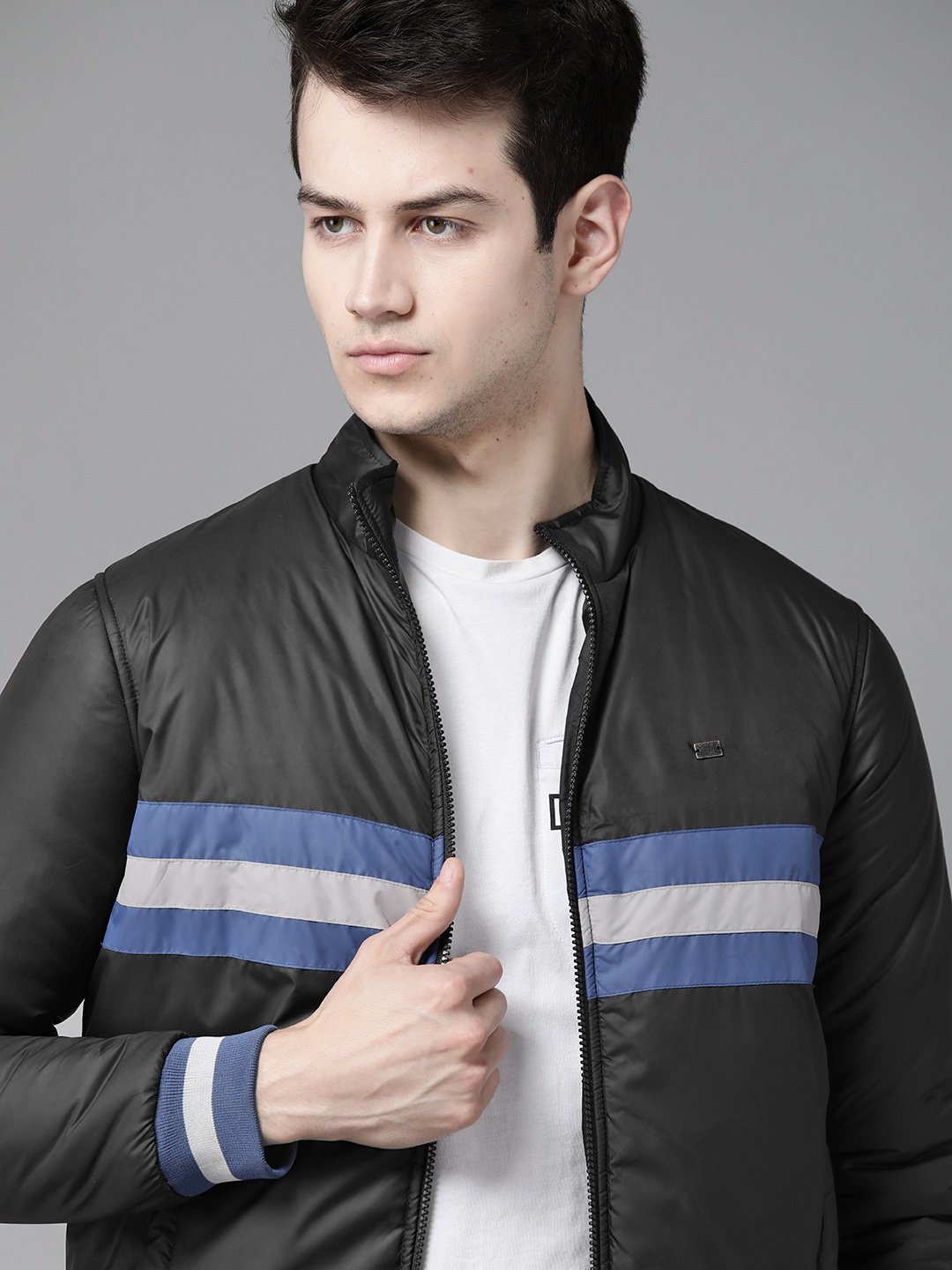 

Roadster Men Black Striped Detail Varsity Jacket