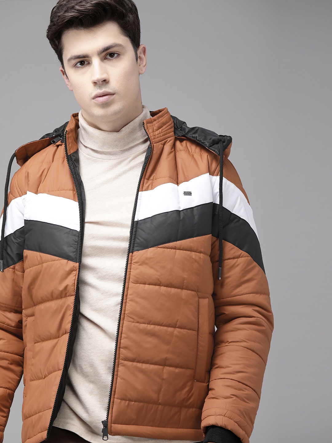 

Roadster Men Brown & White Striped Padded Jacket