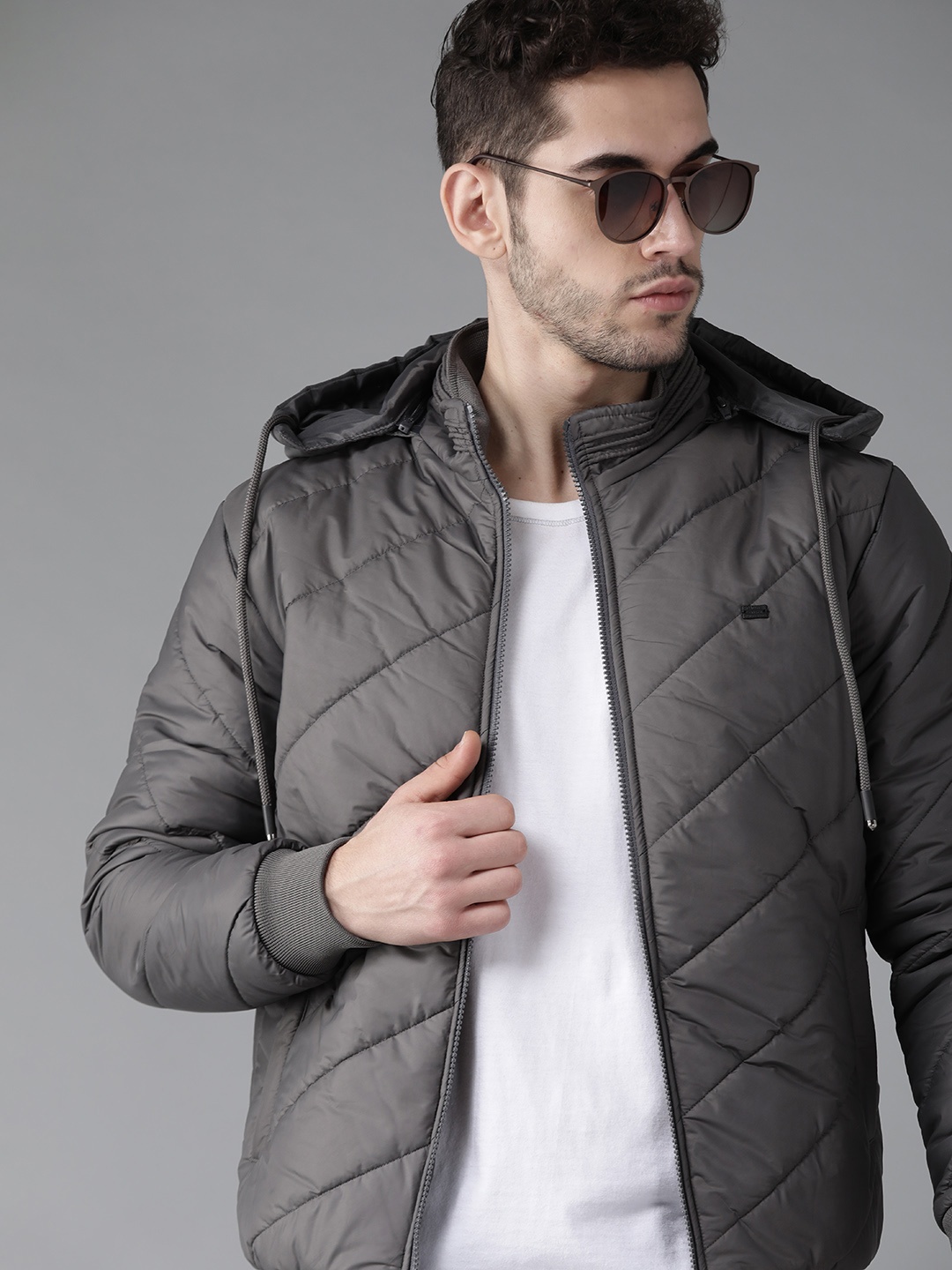 

Roadster Men Charcoal Grey Solid Hooded Bomber Jacket