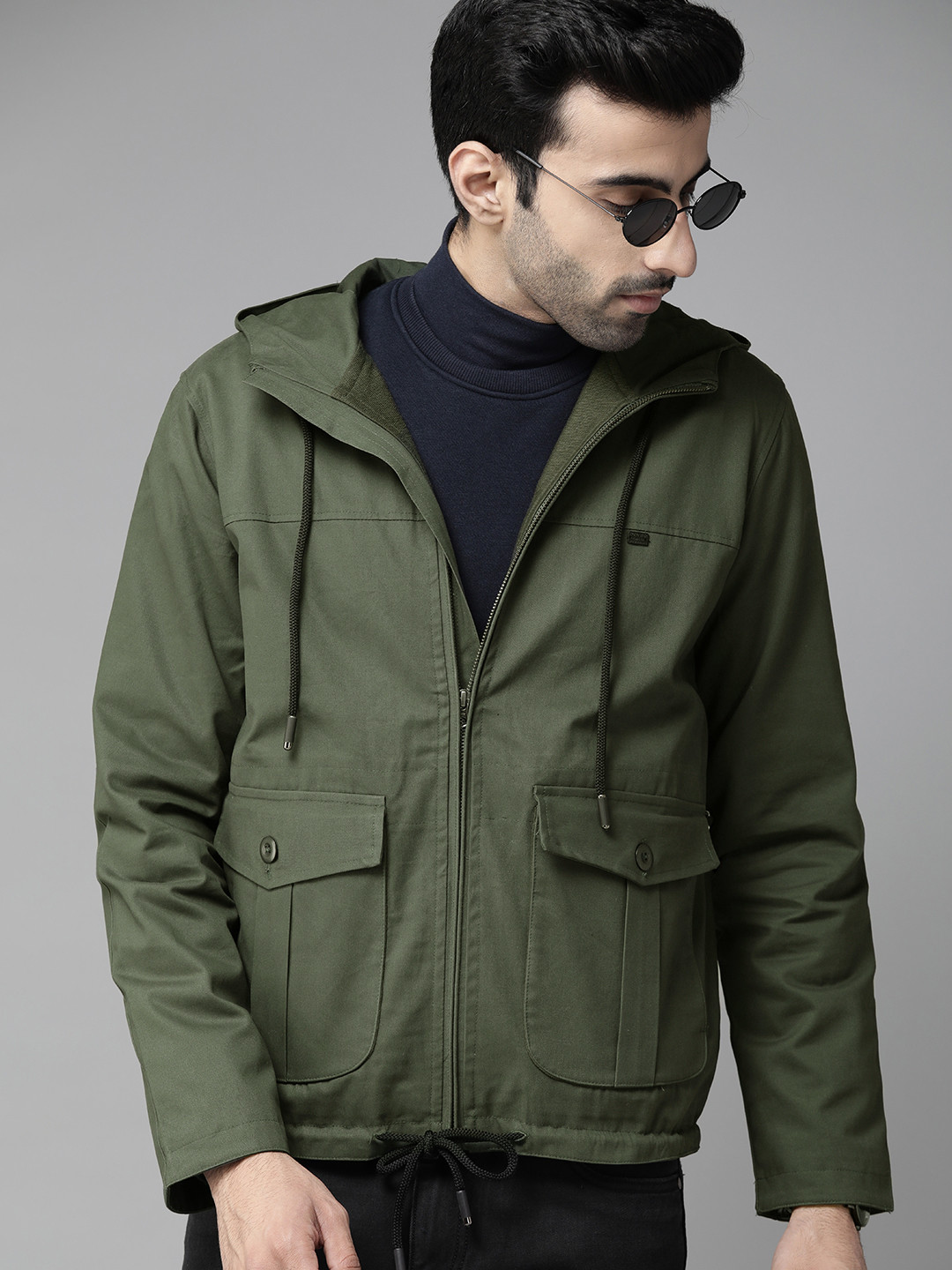 

Roadster Men Olive Green Solid Hooded Tailored Jacket