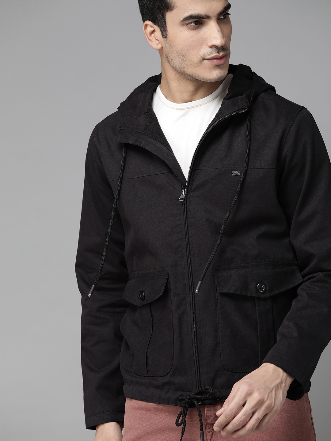 

Roadster Men Black Solid Tailored Hooded Jacket