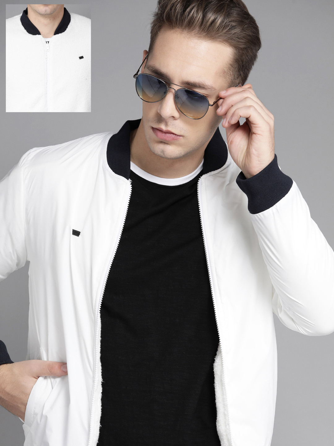 

Roadster Men White Solid Reversible Bomber Jacket