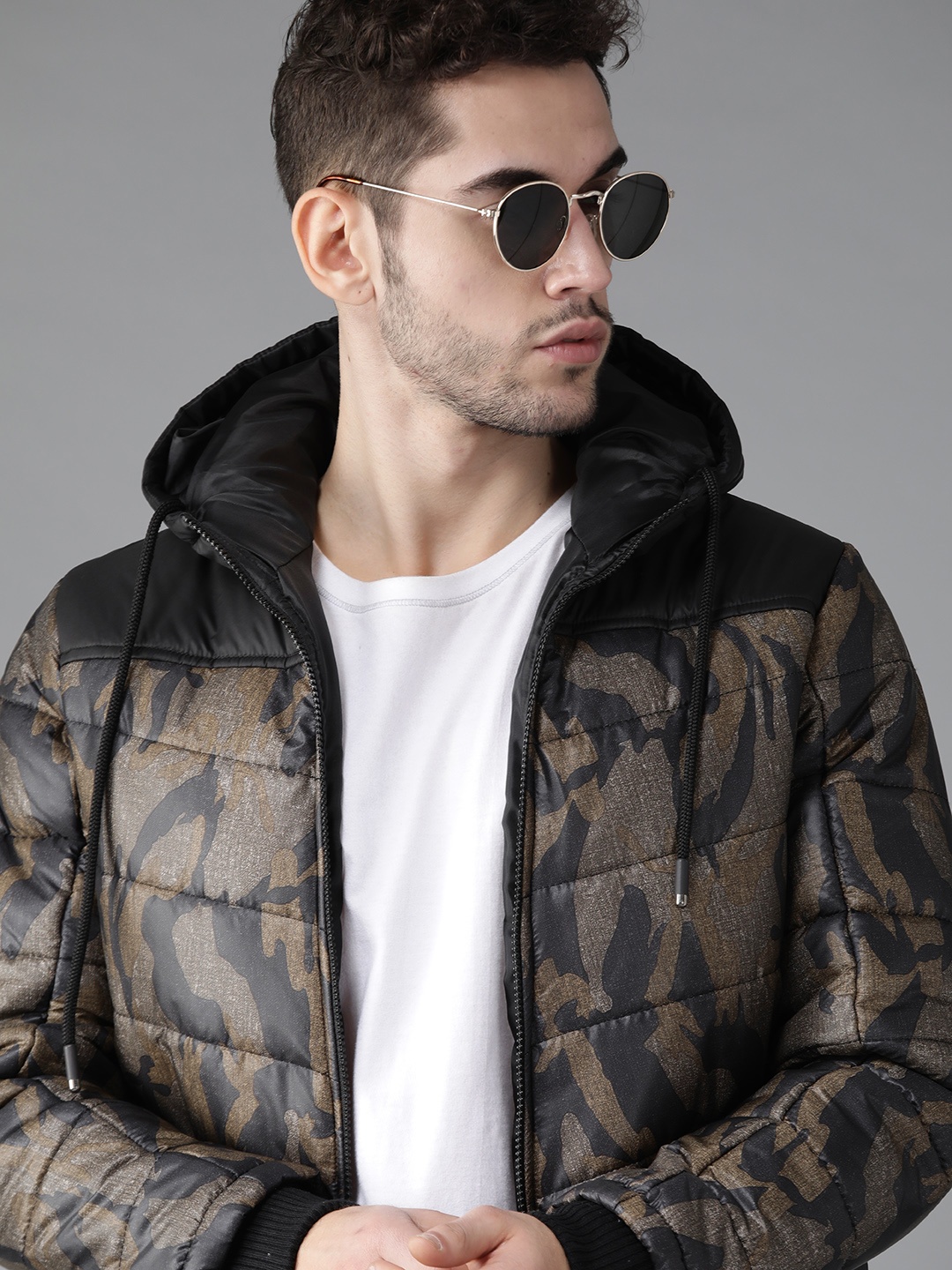 

Roadster Men Olive Brown & Black Printed Hooded Jacket