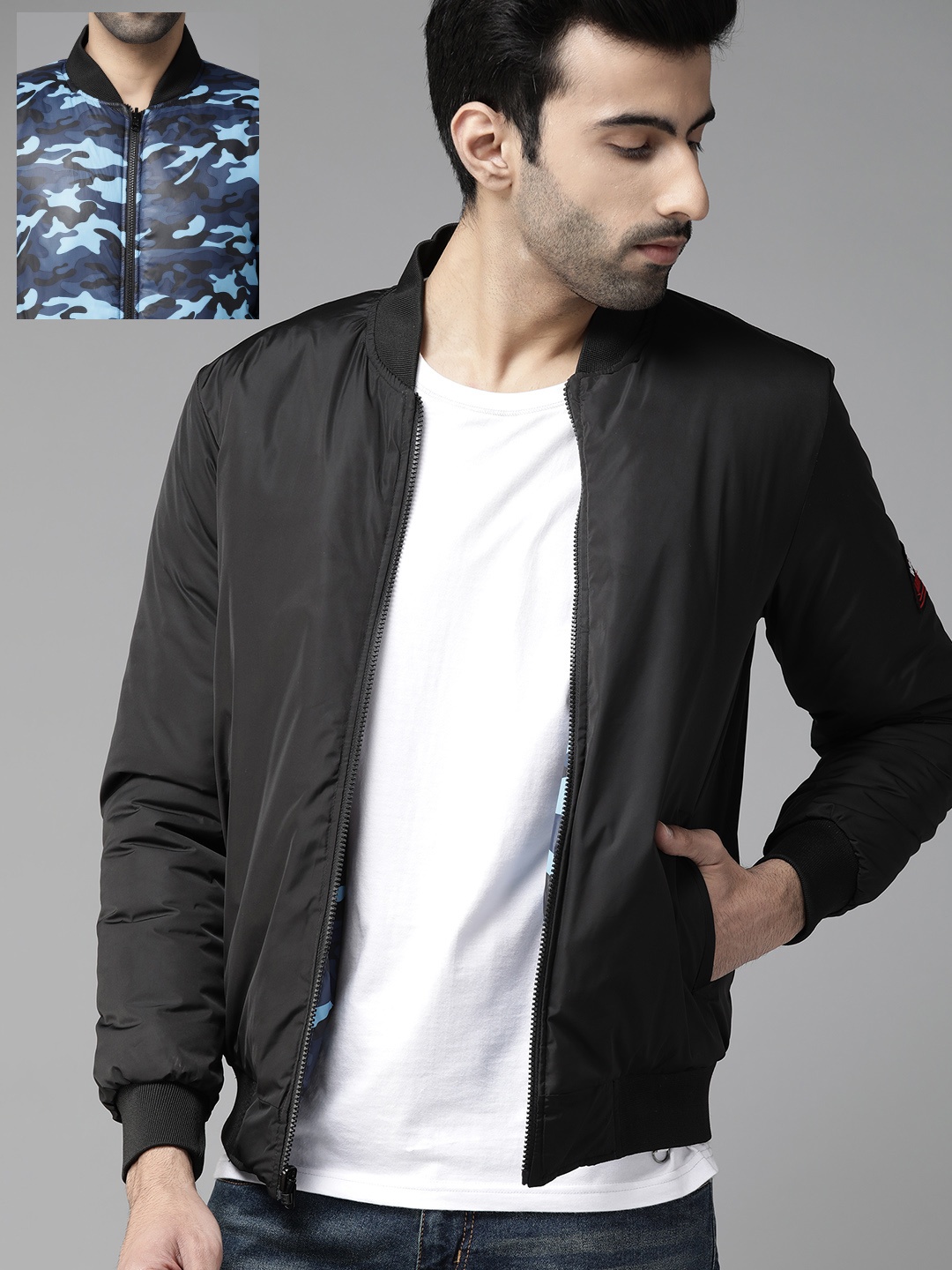 

Roadster Men Black & Blue Camouflage Print Reversible Bomber Jacket