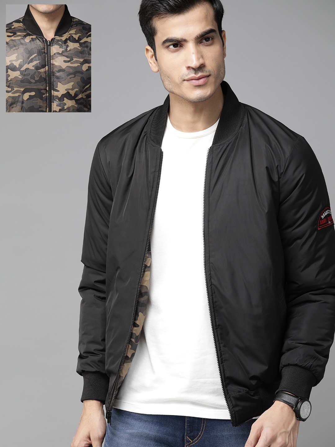 

Roadster Men Black & Olive Green Camouflage Print Reversible Bomber Jacket