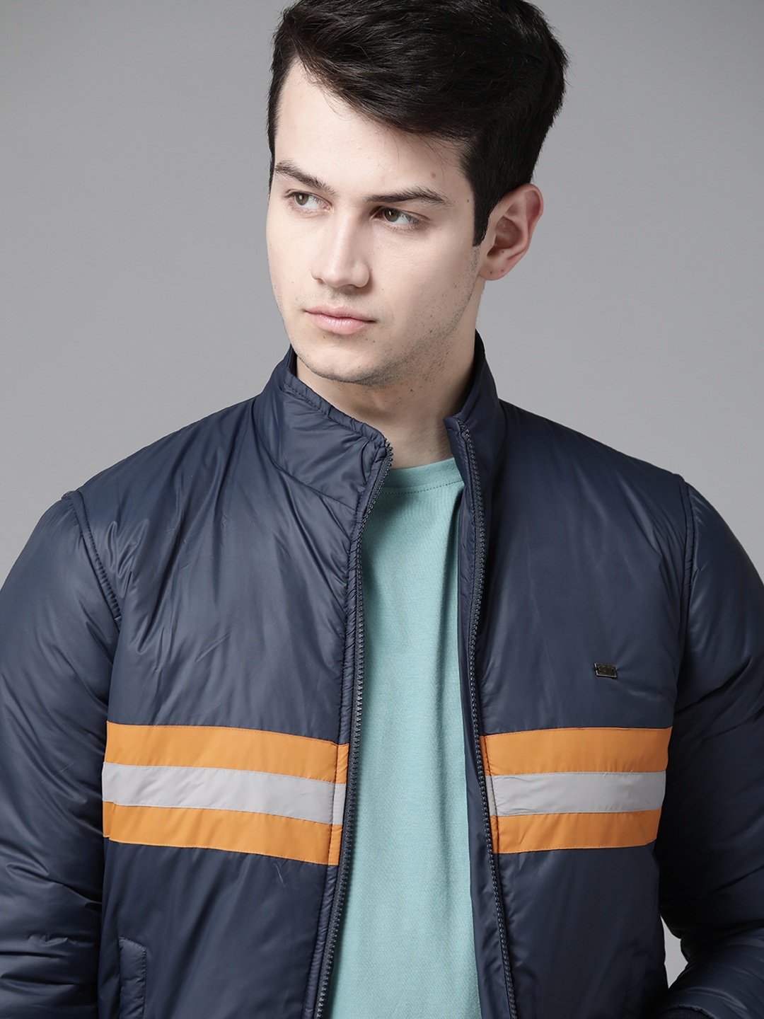 

Roadster Men Navy Striped Detail Varsity Jacket, Navy blue