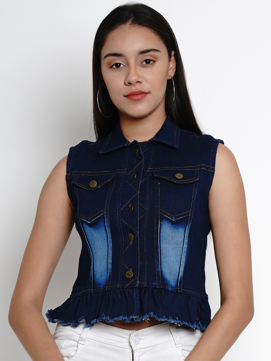 

Bhama Couture Women Blue Solid Lightweight Crop Denim Jacket
