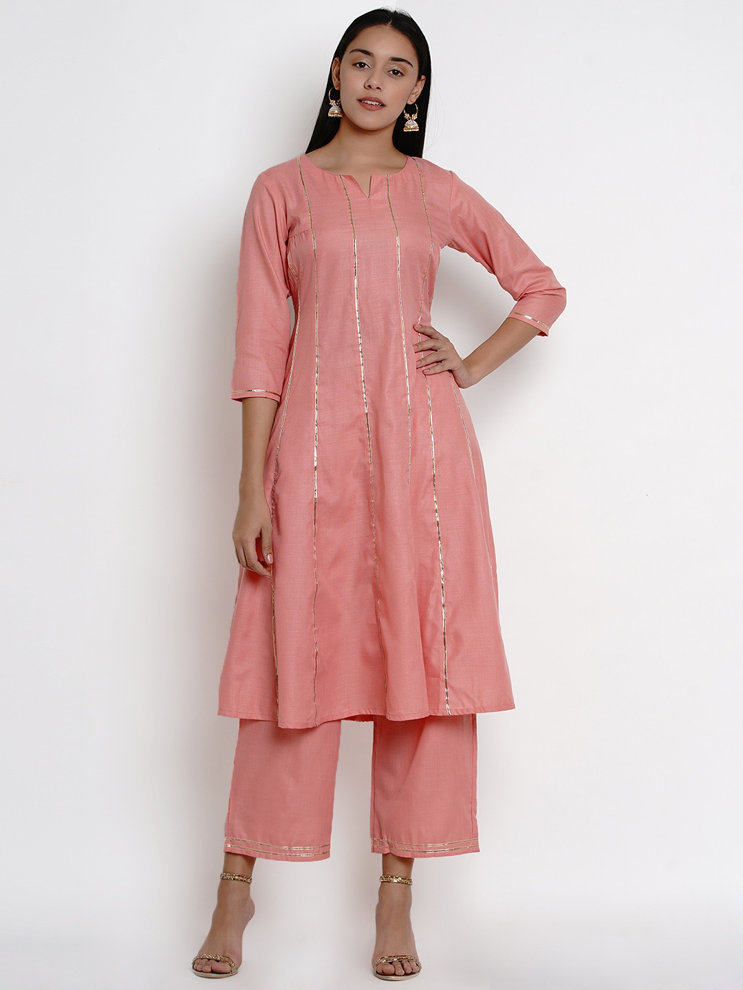 

Bhama Couture Women Pink Striped Kurta with Palazzos