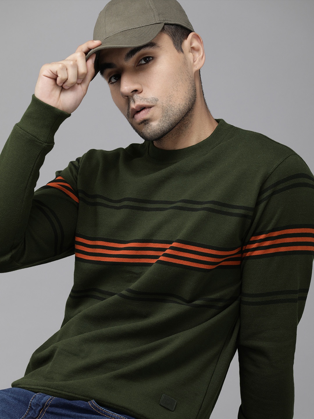 

Roadster Men Olive Green & Black Striped Sweatshirt