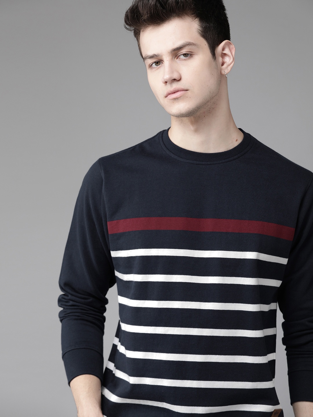 

Roadster Men Navy Blue & White Striped Sweatshirt