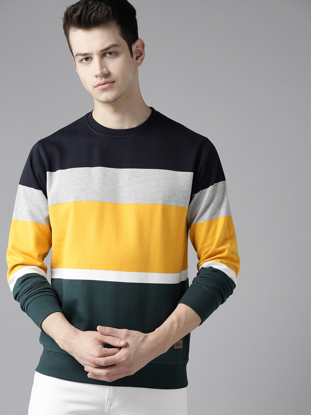 

Roadster Men Navy Blue & Mustard Yellow Colourblocked Sweatshirt