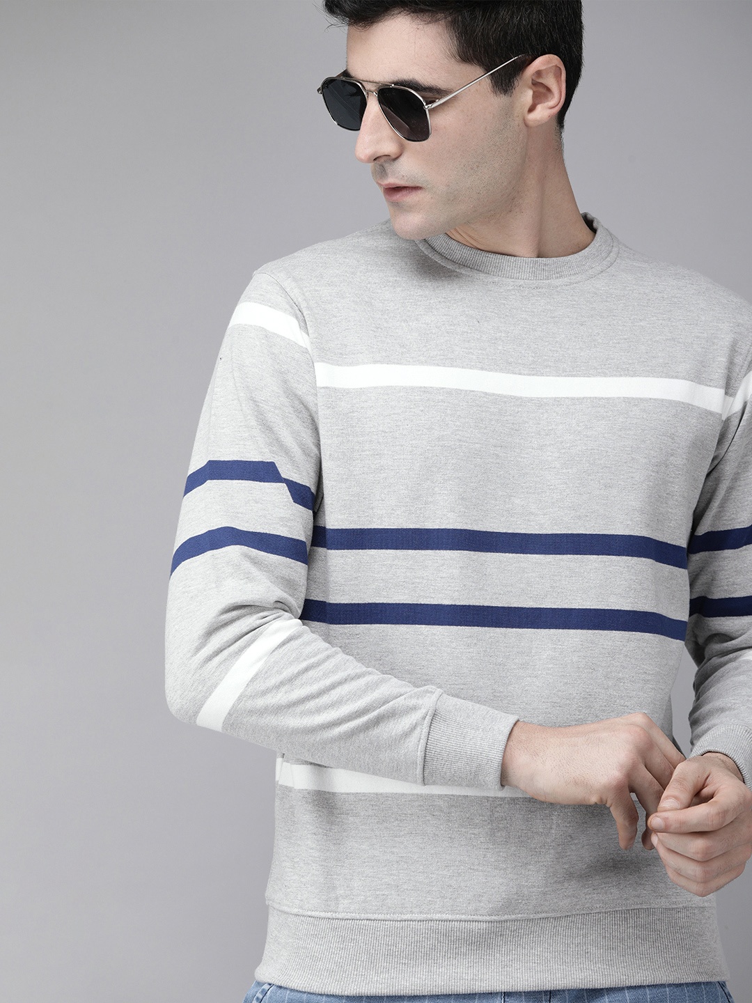 

Roadster Men Grey Melange & Navy Blue Striped Sweatshirt