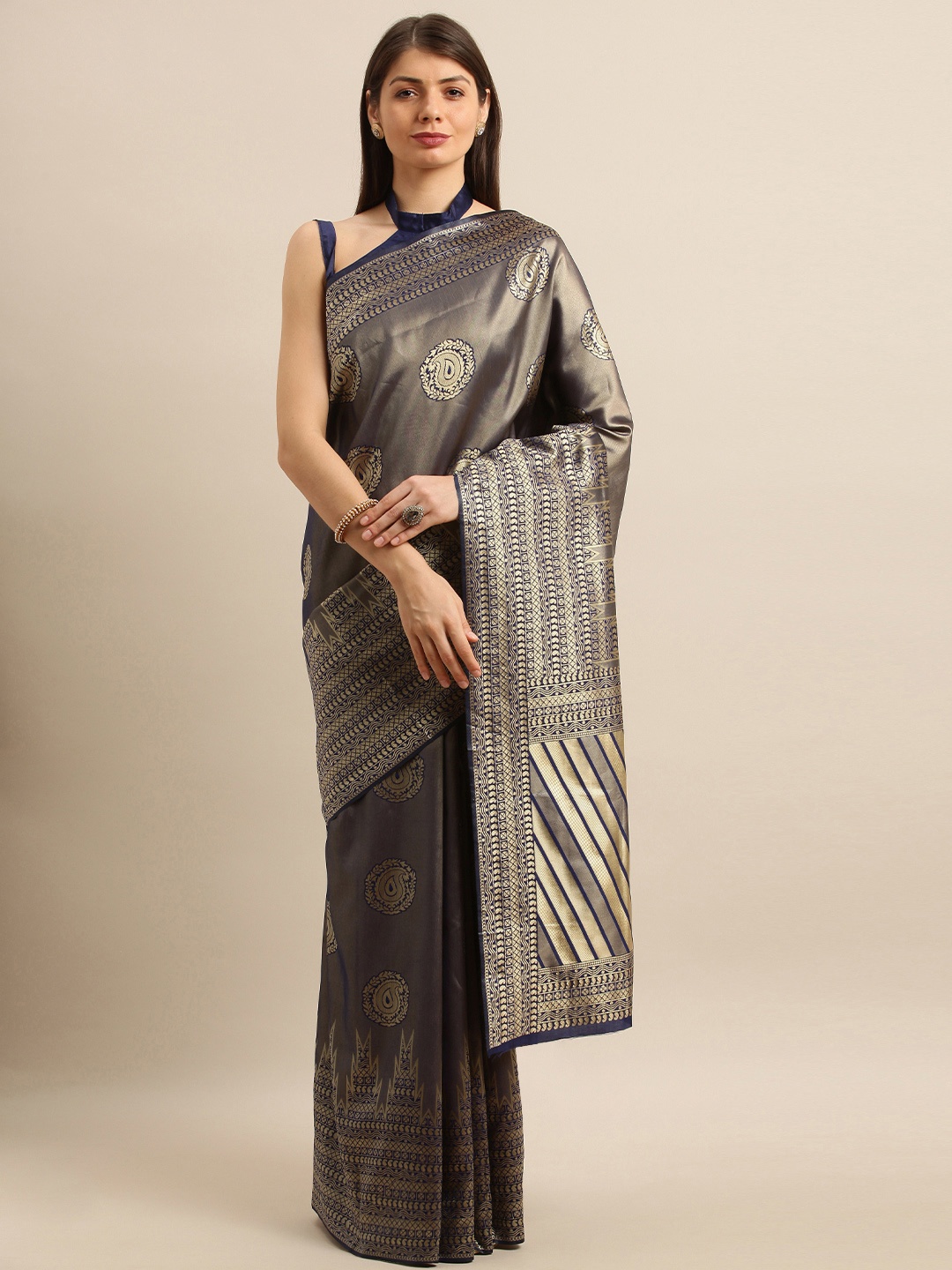 

SHAVYA Navy Blue & Gold-Toned Pure Silk Woven Design Banarasi Saree