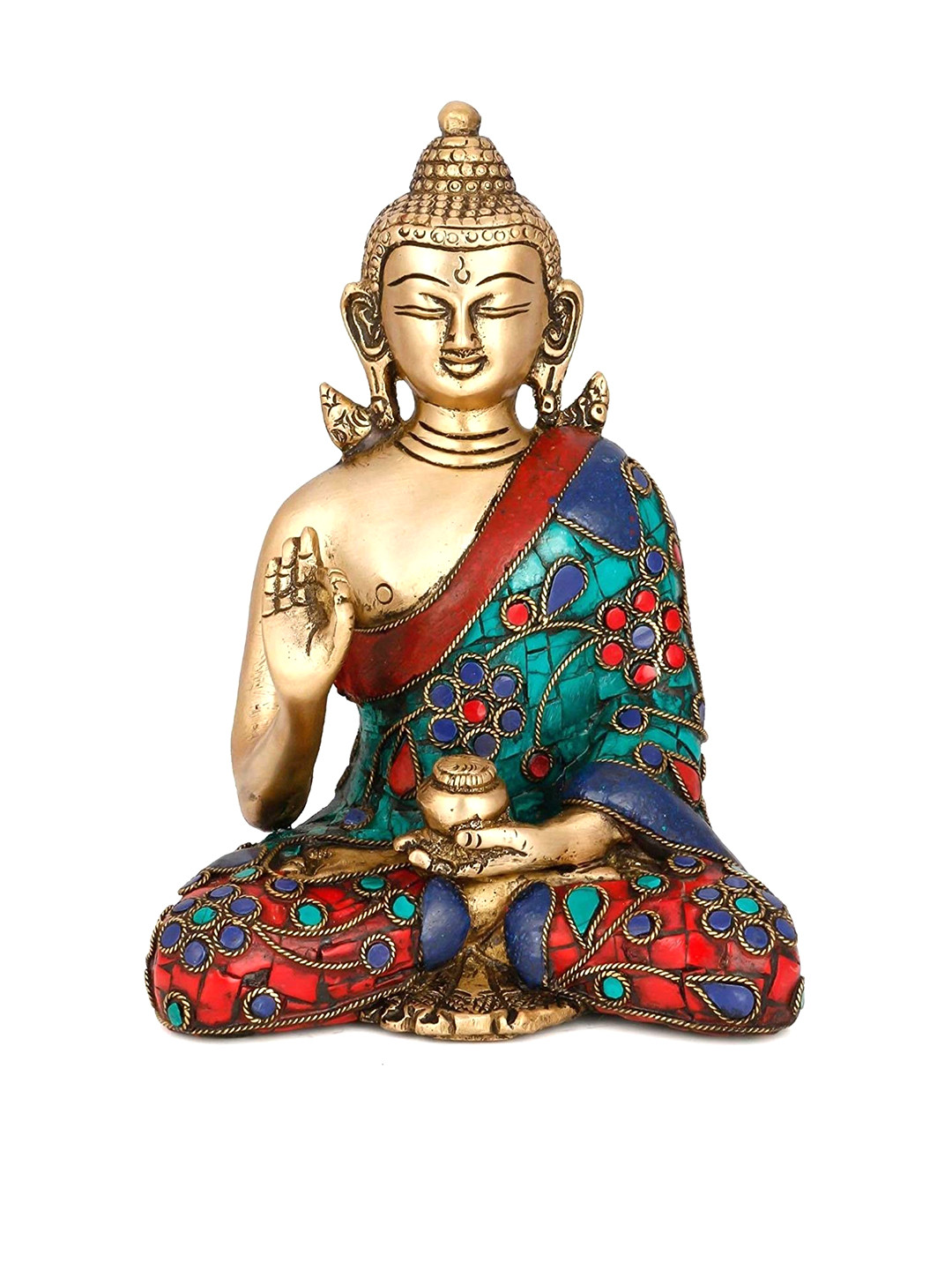 

CraftVatika Gold-Toned & Green Blessing Buddha Brass Showpiece