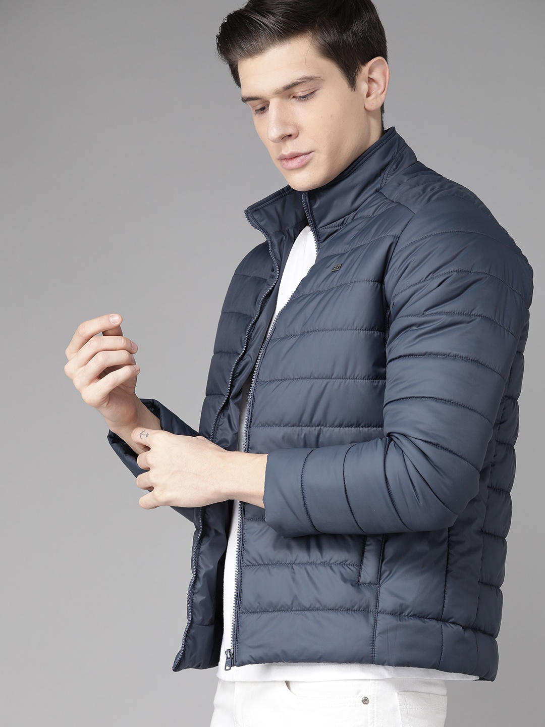 

Roadster Men Navy Blue Solid Padded Jacket