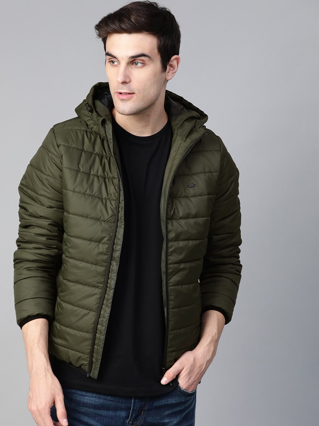 

Roadster Men Olive Green Solid Hooded Padded Jacket