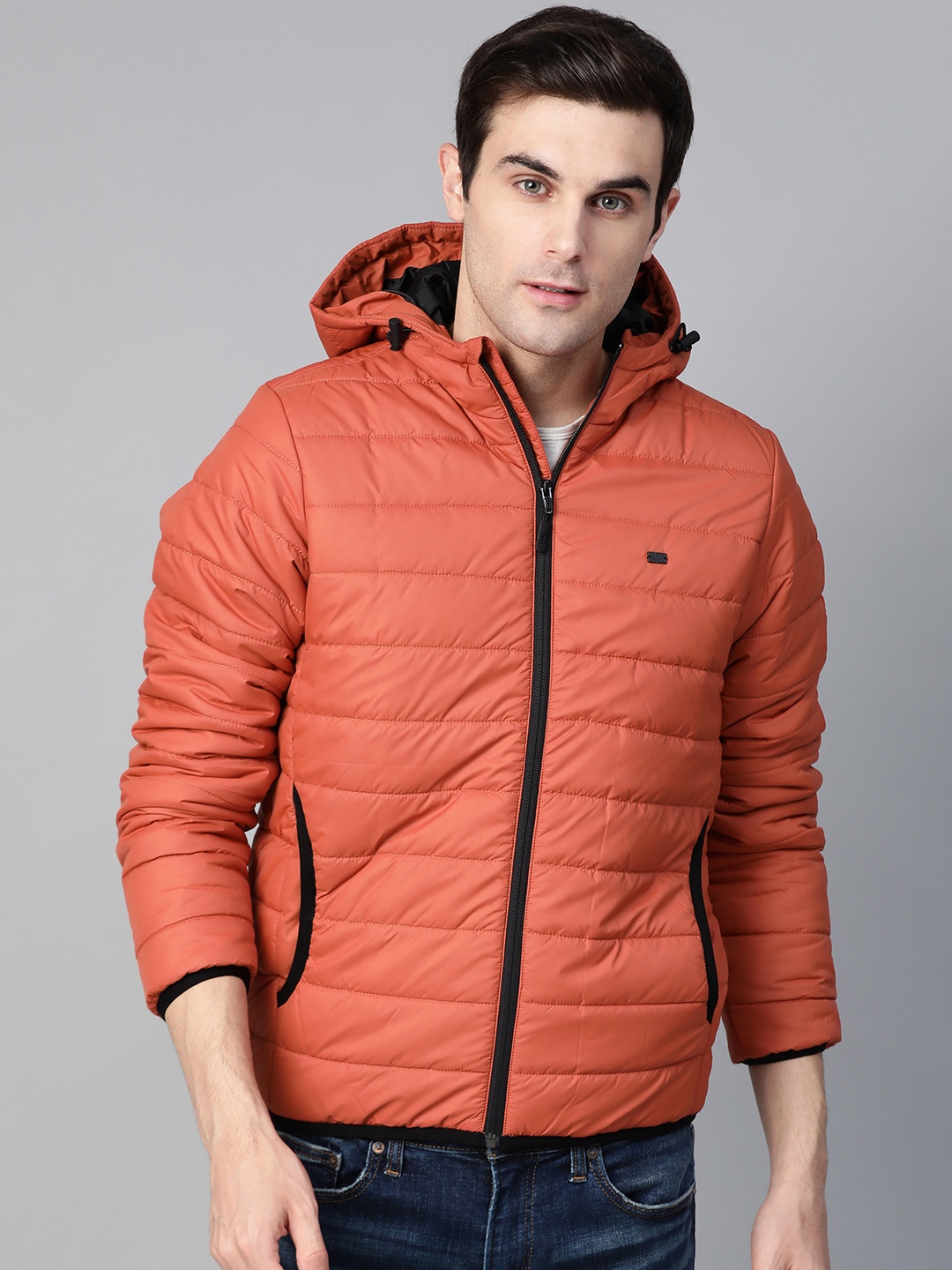 

Roadster Men Rust Orange Solid Padded Jacket with Detachable Hood