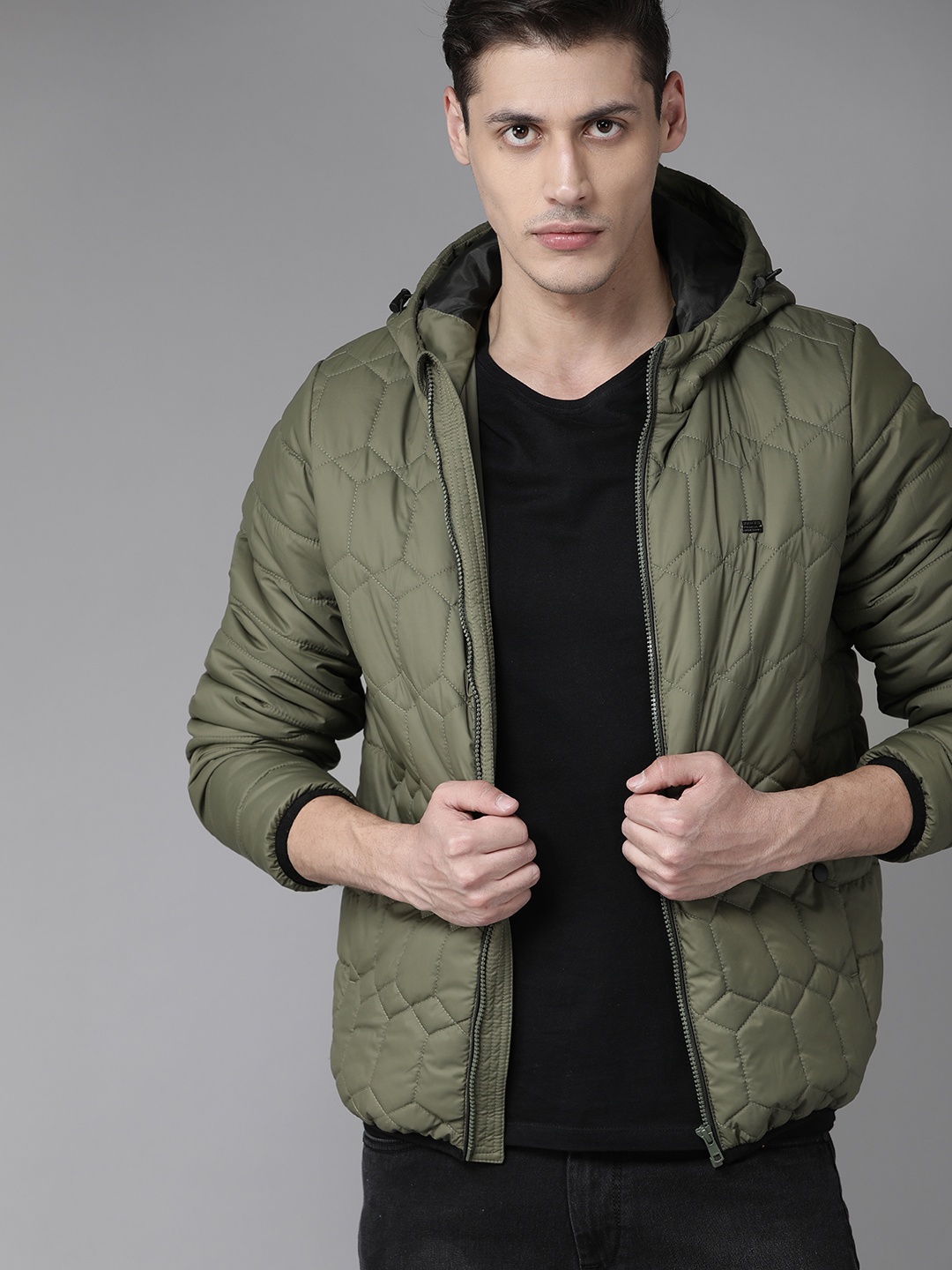 

Roadster Men Olive Green Solid Hooded Padded Jacket