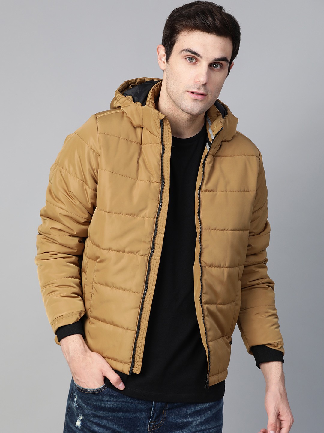 

Roadster Men Khaki Solid Padded Jacket with Detachable Hood