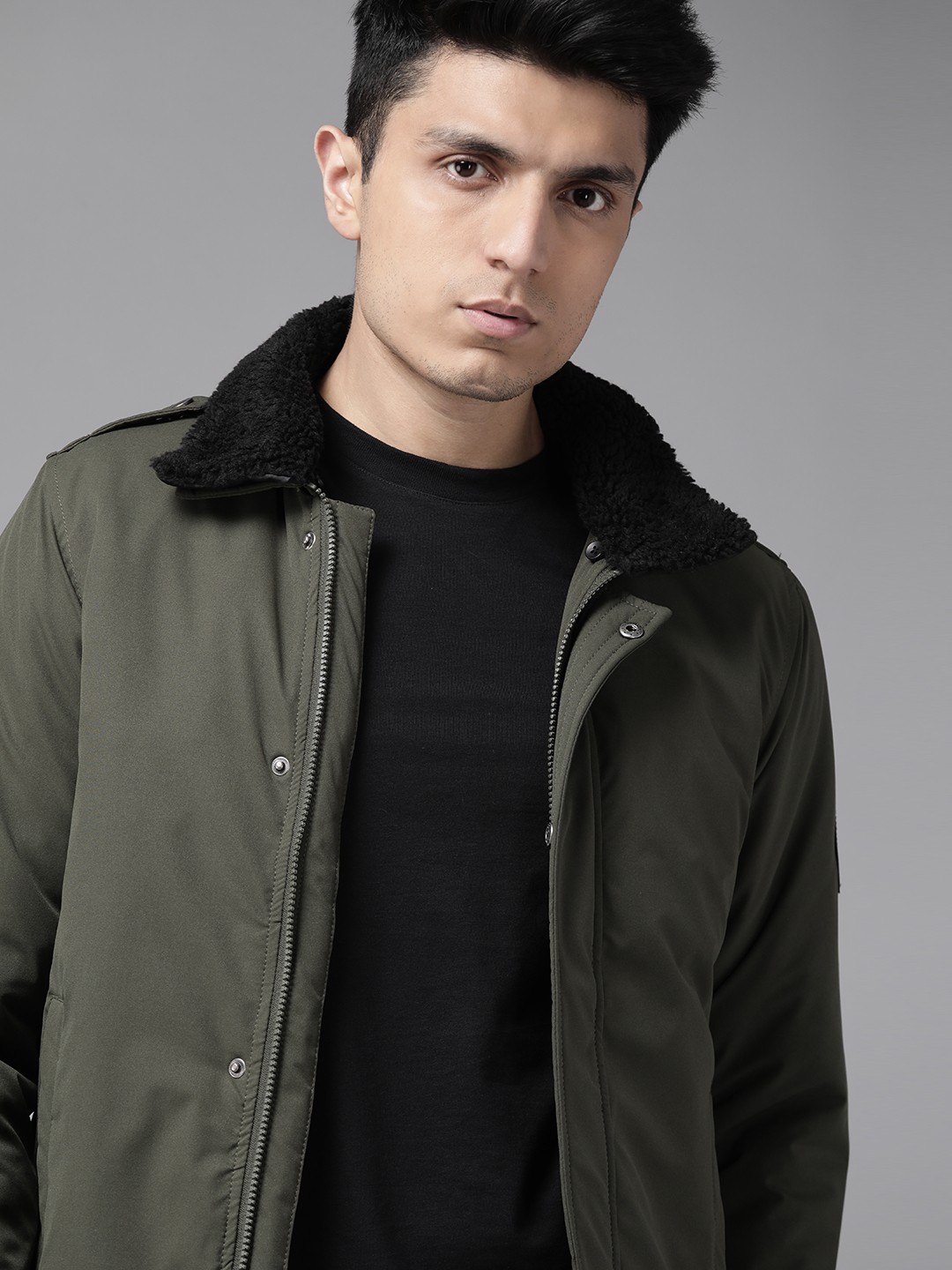 

Roadster Men Olive Green Solid Bomber Jacket