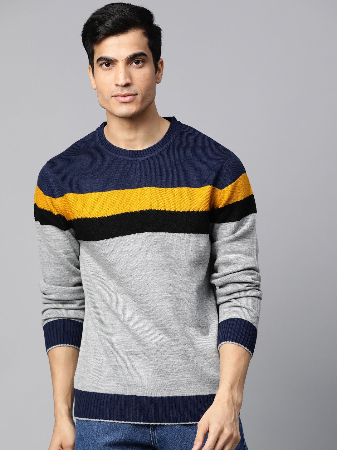 

Roadster Men Grey Melange & Navy Striped Sweater