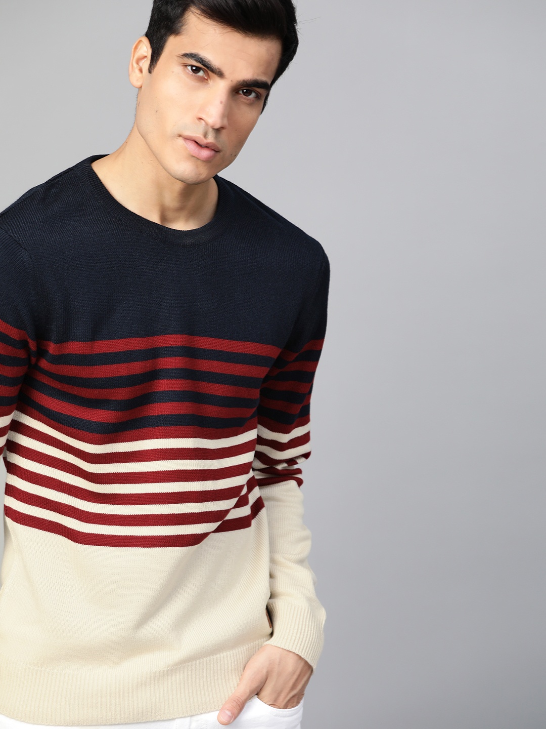 

Roadster Men Navy Blue & Beige Striped Pullover Sweater