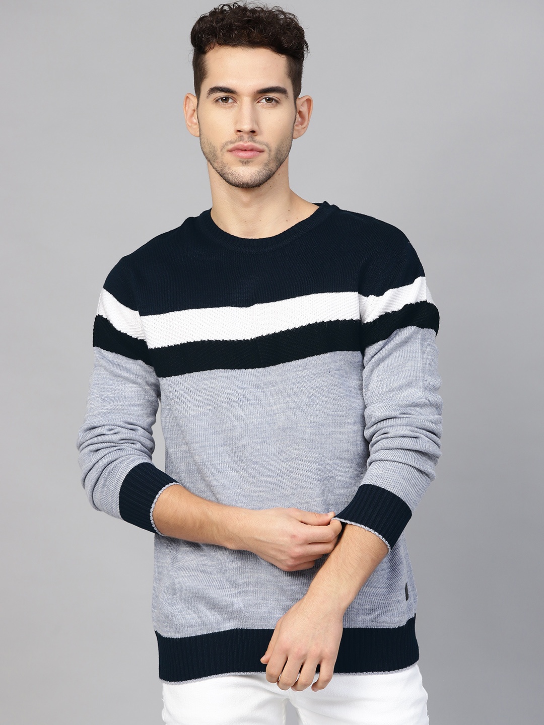 

Roadster Men Blue Striped Pullover Sweater