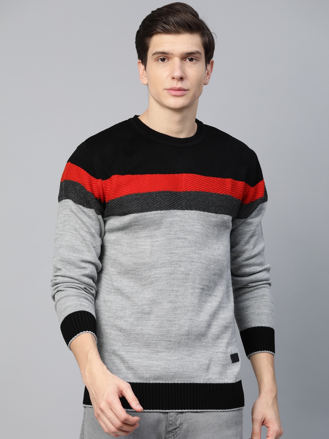 

Roadster Men Grey Melange & Black Striped Pullover Sweater