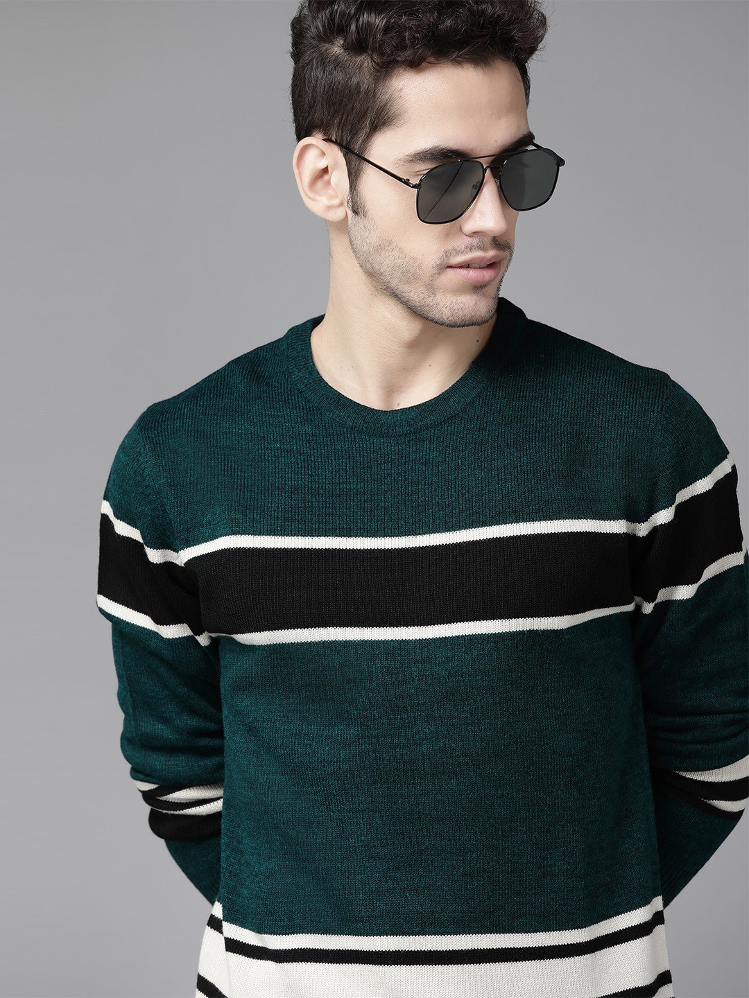 

Roadster Men Teal Green & Black Striped Pullover