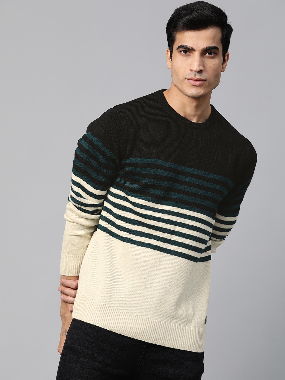 

Roadster Men Black & Off-White Striped Pullover Sweater