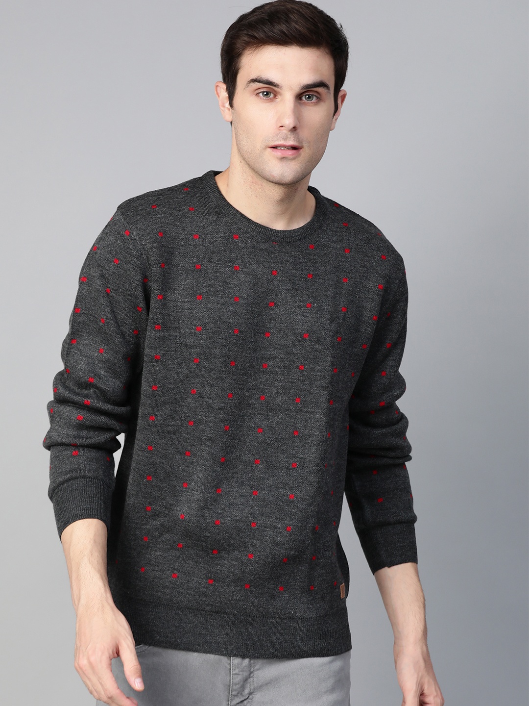 

Roadster Men Charcoal Grey & Red Self Design Sweater