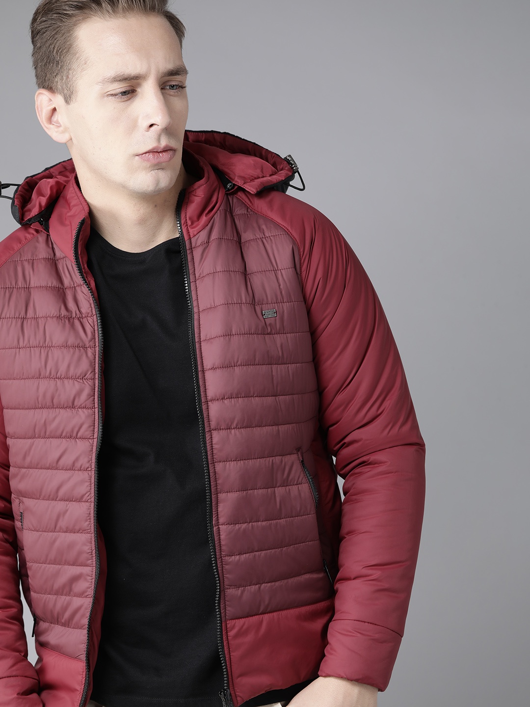 

Roadster Men Burgundy & Maroon Colourblocked Padded Jacket with Detachable Hood