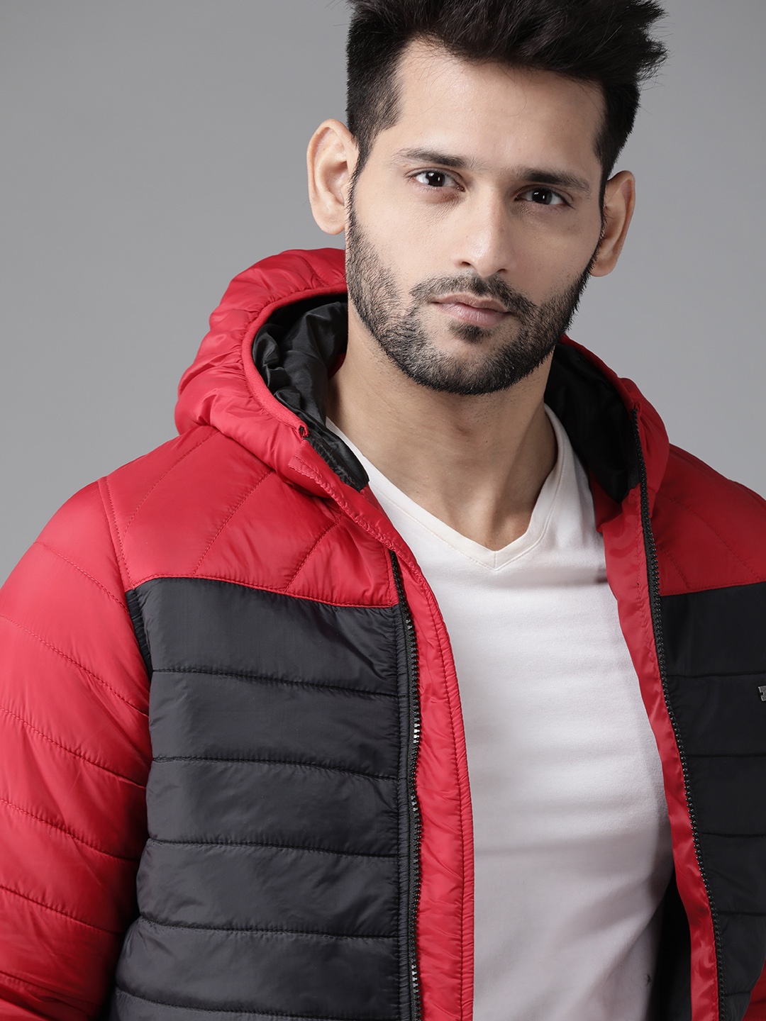 

Roadster Men Red & Black Colourblocked Padded Jacket