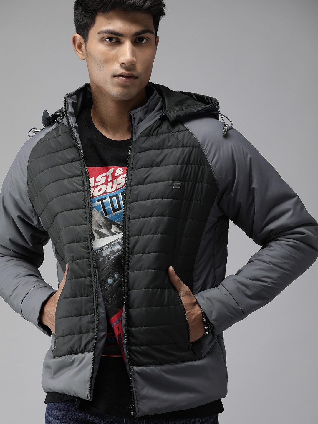 

Roadster Men Grey Colourblocked Padded Jacket