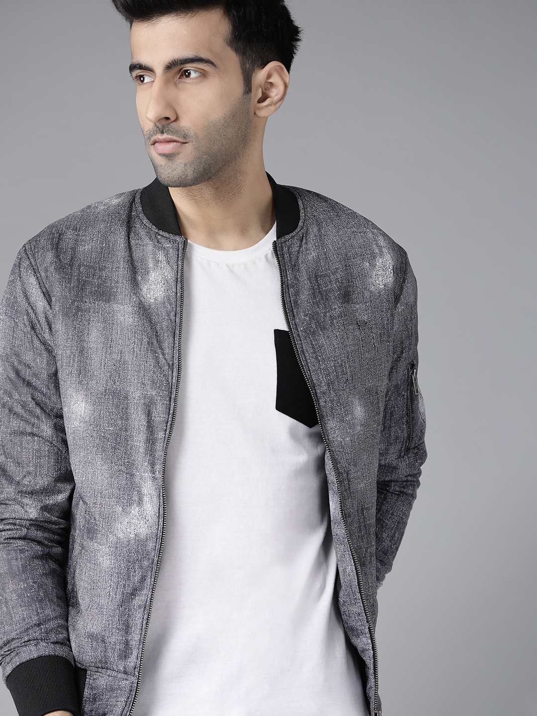 

Roadster Men Charcoal Grey & Off-White Printed Bomber Jacket